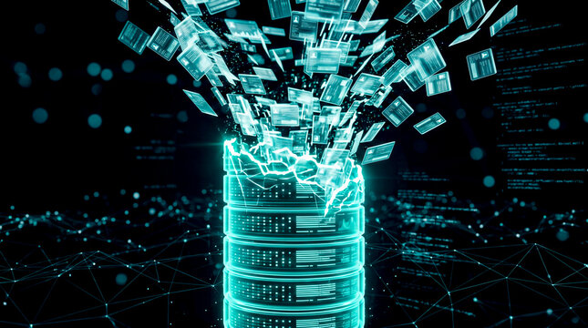 Teal database cylinder top breached data geyser leaking records dark space, data breach