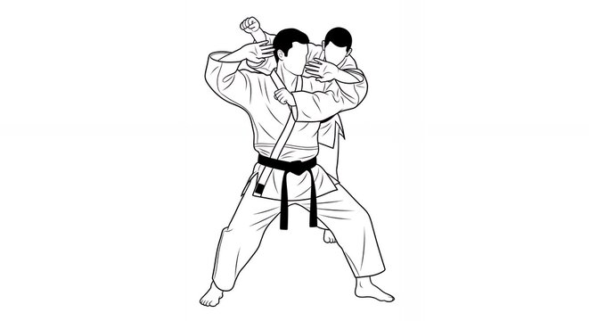 Monochrome Illustration of Judo Morote Seoi Nage Throw in Minimalist Style on White Background Depicting Martial Arts Technique