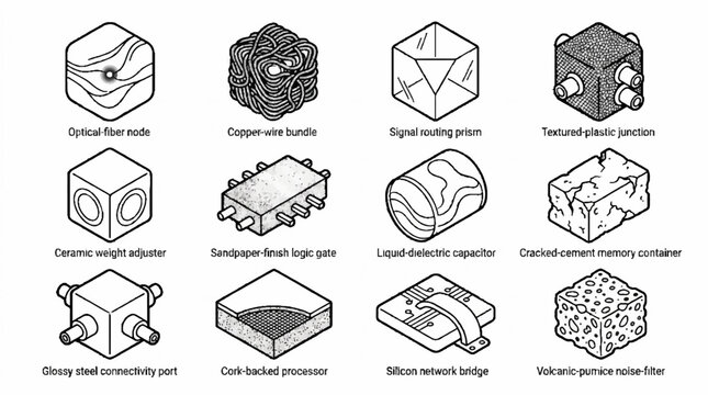 Isometric technical diagrams of industrial components and futuristic materials in black and white line art.