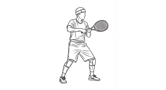 Monochrome Illustration of Lacrosse Player with Backhand Stance Wearing Shorts and Shirt on White Background Minimalist Handdrawn Style