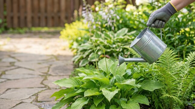 Person wearing gardening gloves watering hosta plants with metal can in home backyard garden, concept of sustainable hobby gardening and plant care