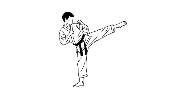 Monochrome Illustration of Man Performing Yoko Geri Keage Martial Arts Move with Black Belt on White Background