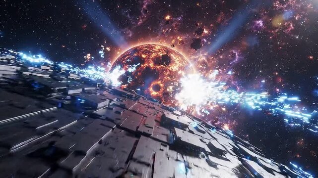 Futuristic spacecraft flies past glowing planet, blue energy streaks racing across metallic hull while fiery sun and dense starfield create a dramatic deep space encounter beyond orbit.