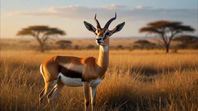 Graceful thomson's gazelle standing alert in the tall golden grass of the serengeti, observing its surroundings during a beautiful sunset with acacia trees silhouetted in the background