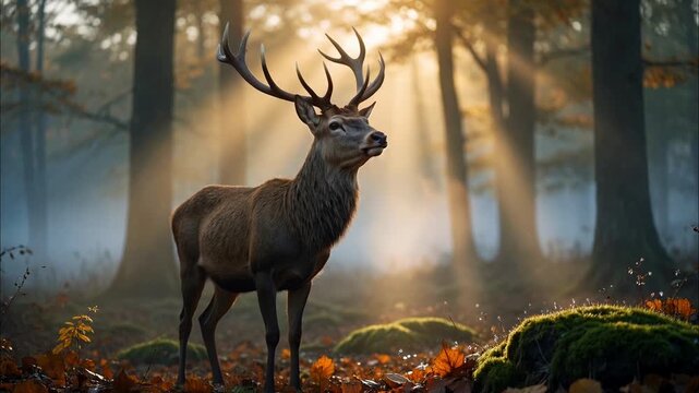 Magnificent wild red deer stag with large antlers standing proudly in a mysterious autumn forest, illuminated by beautiful golden sunbeams breaking through the morning mist and trees