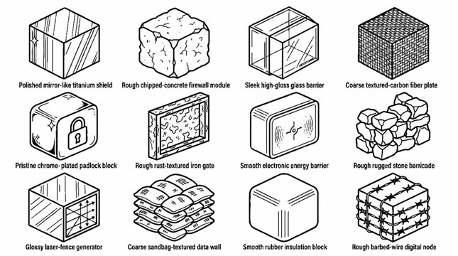 Collection of isometric cube icons with various textures and materials in black and white line art style.