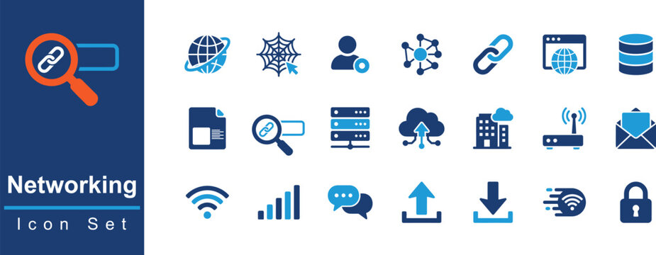 Networking and Cloud Computing Vector Icon Collection: Database Server, Wi-Fi Signal, Global Network, Internet Router, and Data Transfer Icons Set