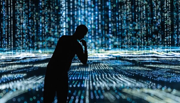 Focused silhouette of a modern researcher analyzing a complex futuristic digital data background in a high-tech science laboratory, symbolizing innovative discovery and advanced technology.