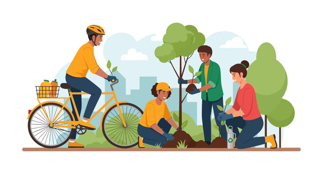 Diverse group of people planting trees and riding bicycle outdoors.