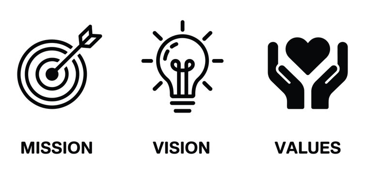 mission vision values icon design, business vision presentation concept, strategy goal and core values symbols, corporate planning and leadership illustration, clean modern vector set.