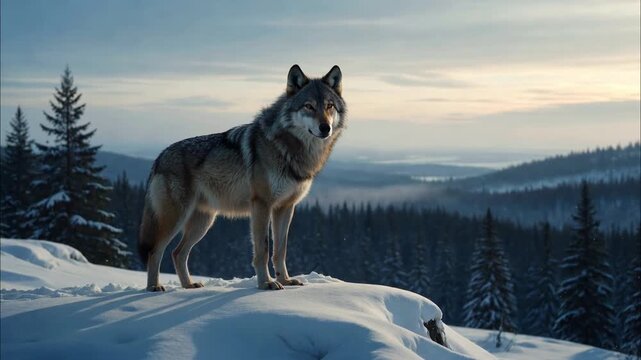 Majestic gray wolf standing on a snow covered hill, howling with its breath visible in the cold air, overlooking a vast, scenic winter forest during a beautiful sunset or sunrise