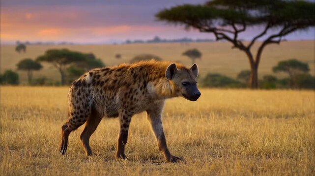 Wild spotted hyena - crocuta crocuta - walking through the golden grasslands of the african savanna at sunset, with acacia trees silhouetted against a colorful evening sky