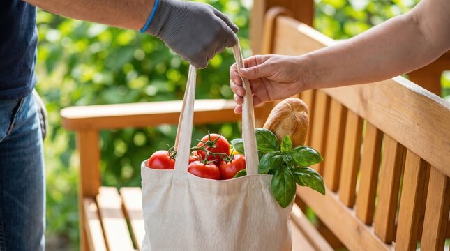 Grocery Delivery Service Handover of Fresh Organic Produce in Canvas Tote Bag by Courier to Customer at Home Front Porch