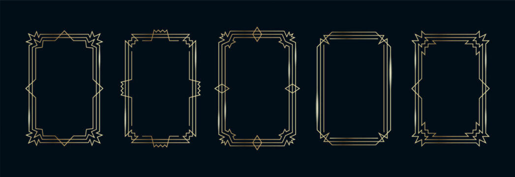 Golden Frames Set. Thin Line Gold Borders Luxury Minimalist Collection. Premium Vector Brass Outline Geometric Rectangles. Linear Decorative Banners with Black Background Isolated