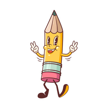 Groovy Back to School Retro Character. Cartoon Pencil Dancing and Smiling. Funny Vector Doodle Education Mascot Template. Happy Vintage Cool Childish Learning Personage Illustration. Isolated