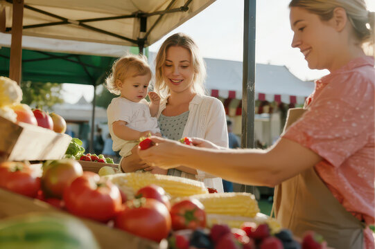 Woman holding toddler picking fresh vegetables and fruits at outdoor farmers market, warm natural light warm urban life documentary photography material