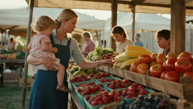 Woman holding toddler picking fresh vegetables and fruits at outdoor farmers market, warm natural light warm urban life documentary photography material