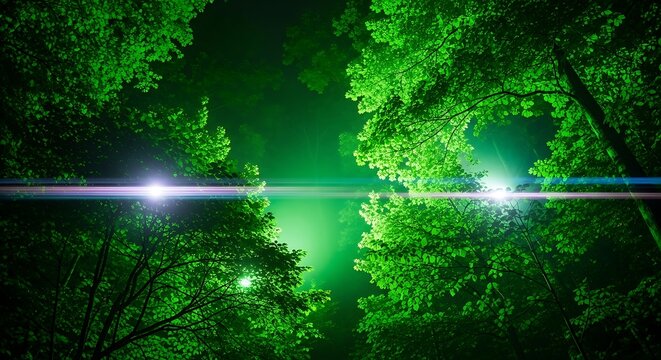 Green Night Forest with Light Beams Across Trees.