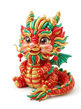 Chinese zodiac dragon character made of red green and gold twisted balloons 3D illustration isolated on white background