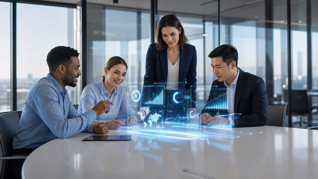 Diverse business team collaborating using holographic AI data interface