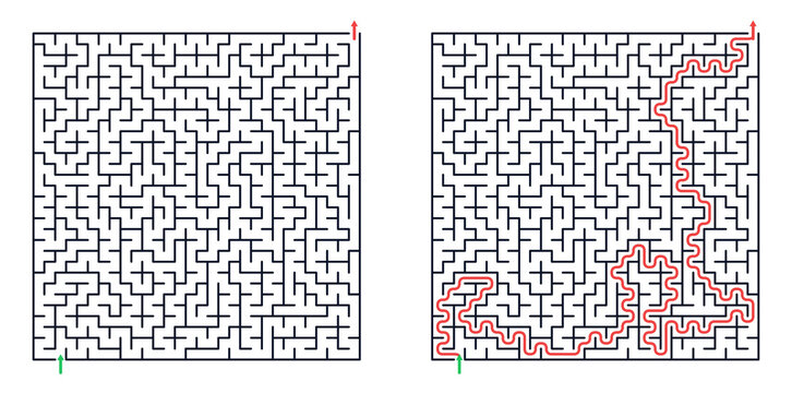 Square maze for kids and adults, medium difficulty printable logic game, find the way from start to exit, black and white line art, activity worksheet page with solution