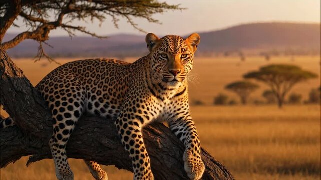Magnificent leopard with beautiful spotted fur resting on a large tree branch, looking around the savanna during a warm, golden sunset in the african serengeti national park