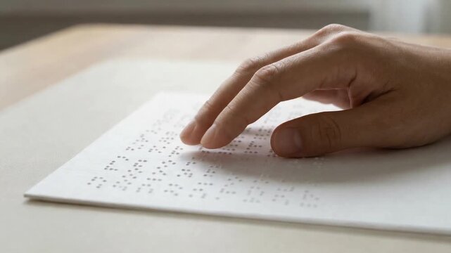 Close up of a visually impaired man's hand running fingers over a page, reading text written in braille. Tactile perception and communication system for people with vision disabilities