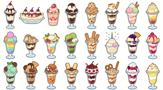 A vibrant illustration showcasing various colorful dessert sundaes and ice cream flavors arranged on a clean surface for a food-themed display.