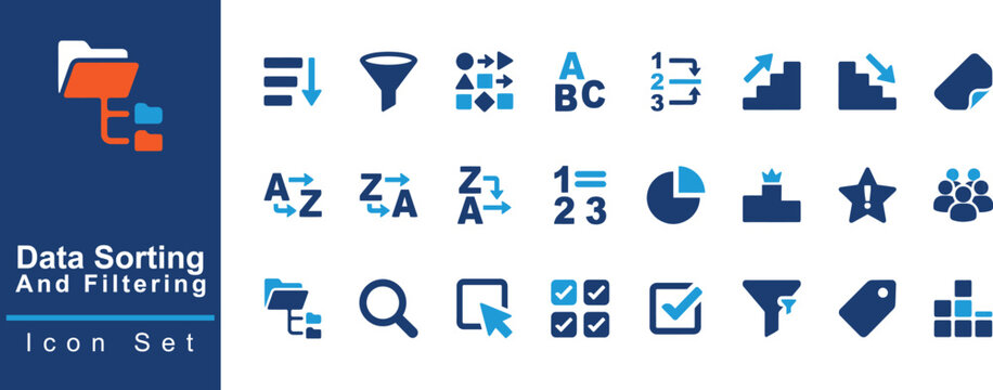 Data Sorting and Filtering Vector Icon Collection: Funnel Filter, A-Z Alphabetical Sort, Order List, Price Tag, and Checkbox Icons Set