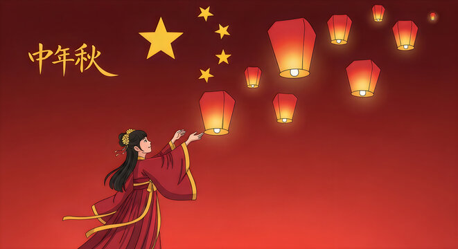 National day china celebration woman releasing lanterns with festive stars