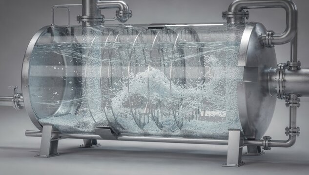 Medium shot focusing on a baffled precipitation tank with internal fins illustrating enhanced mixing and efficient baritegrade barium sulfate crystal growth in an industrial
