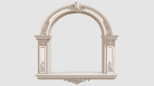 Ornate cream-colored arched window frame decorated with intricate acanthus leaf carvings and classical architectural details, flat vector illustration for interior design and architecture.