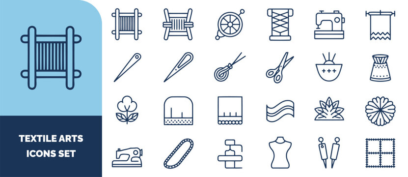 Textile arts set featuring weaving looms, sewing machines, needles, scissors, fabric patterns, and tailoring equipment outlines