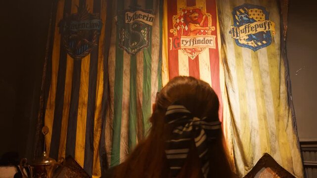 Young girl with red hair and glasses admiring four distinct magical house banners, each with its unique emblem, while holding a feather quill in a scene full of fantasy and magic