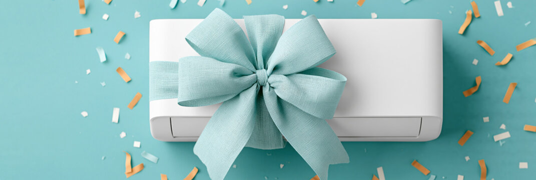 A beautifully wrapped gift in white with a teal bow on a bright blue background.