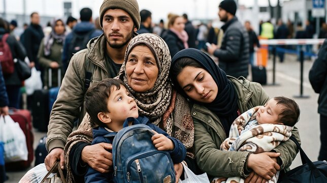 Middle eastern family of refugees at border transit point. Mother, grandmother, man and child wait for asylum. Displaced people fleeing war and conflict. Global migration social issue.