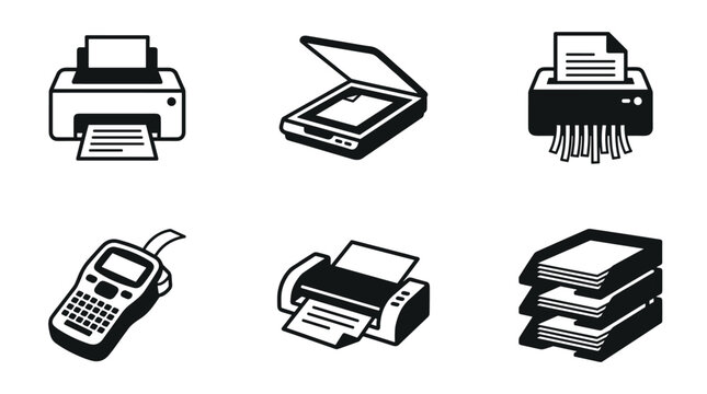A collection of office equipment icons including printer, scanner, shredder, label maker, laminator, and document trays. Ideal for business, administrative, and workspace design projects.