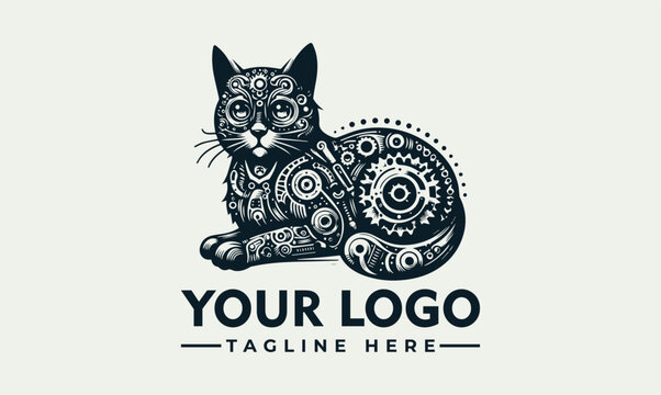 Intricate steampunk mechanical cat with clockwork gears vector logo illustration