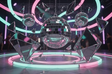Fototapeta premium Disco ball suspended above neon dance floor with floating mirror fragments