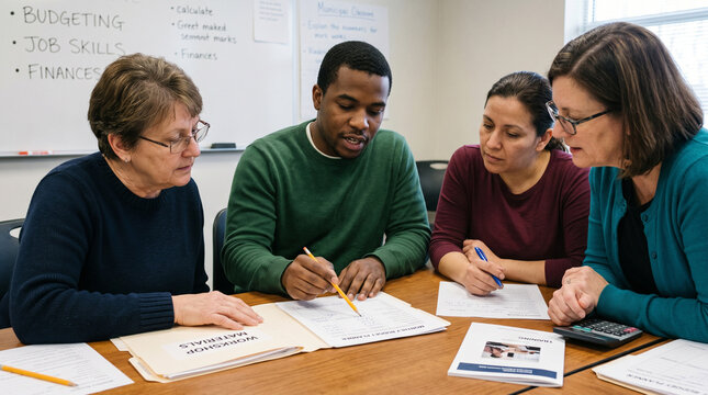 Hands And Faces In Adult Job Skills Workshop With Shared Materia