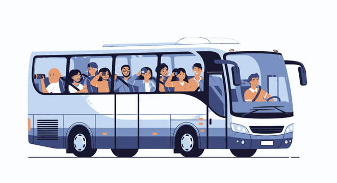 Group of diverse people enjoying a bus journey together.