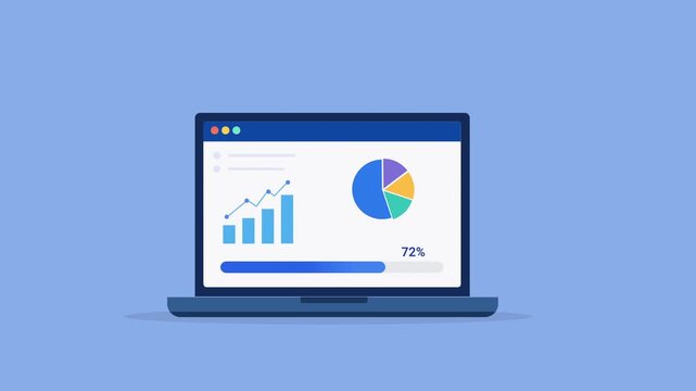 Animated flat vector illustration of a laptop displaying analytics charts and a progress bar dashboard. Modern business analytics, data visualization, reporting, and technology monitoring concept.