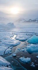 Naklejka premium Sunrise over blue ice floes on a frozen sea.