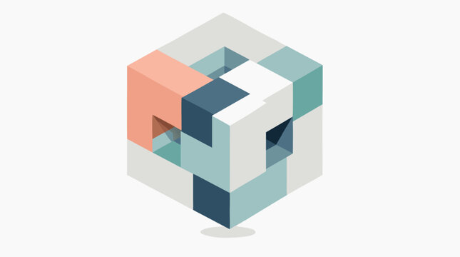 Pastel colored geometric isometric cube composed of interlocking multi-colored blocks floating in space, flat vector illustration for abstract graphic art and visual design concepts.