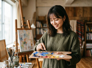 Fototapeta premium アトリエでパレットの絵具をパレットナイフで混ぜながら微笑む女性