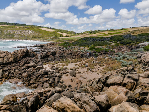 Aerial view of Injidup Natural Spa featuring rugged rock formations, coastal vegetation, and the turquoise Indian Ocean in Yallingup, Western Australia, Australia.