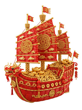 Traditional Chinese dragon treasure ship filled with gold ingots and coins 3D illustration isolated on white background