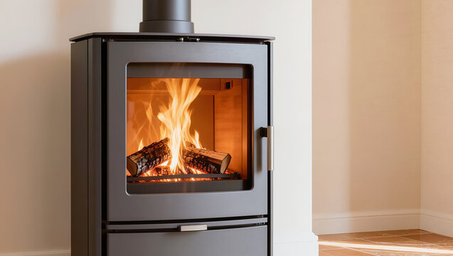 Modern wood-burning stove with a burning fire. Concept of sustainable home heating, energy efficiency, and rational climate control during the cold season to maintain warmth