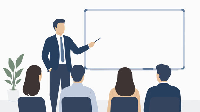 A clear flat vector illustration of a faceless manager pointing at a blank whiteboard before an audience, ideal for corporate training, business presentation, and educational design projects.