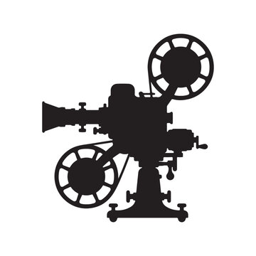 Vintage film projector studio equipment on a tripod stand for movie screening.